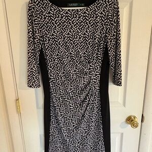 Ralph Lauren Black and White Ruched Sheath Dress - Long Sleeve